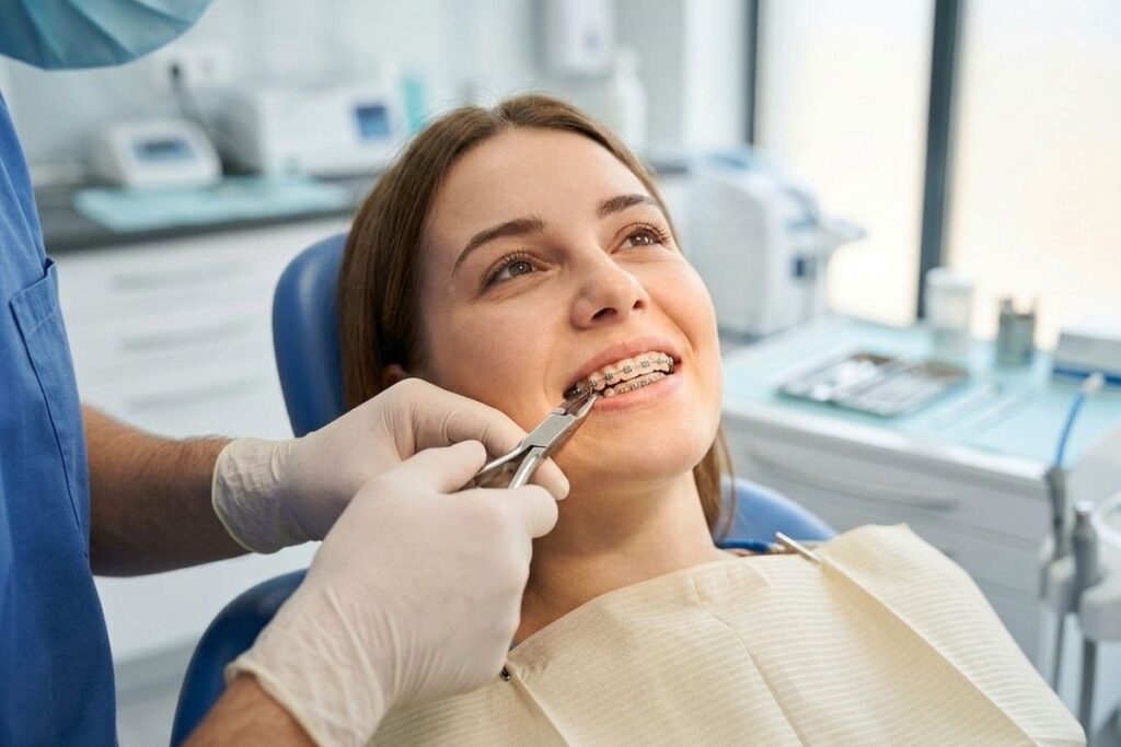 A dentist uses an instrument to adjust the braces of a smiling adult in a dental chair.