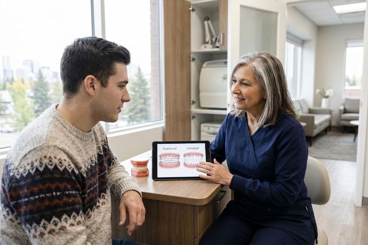A dentist in a clinic smiles while showing an adult patient a tablet comparing Traditional braces and Invisalign on teeth models.