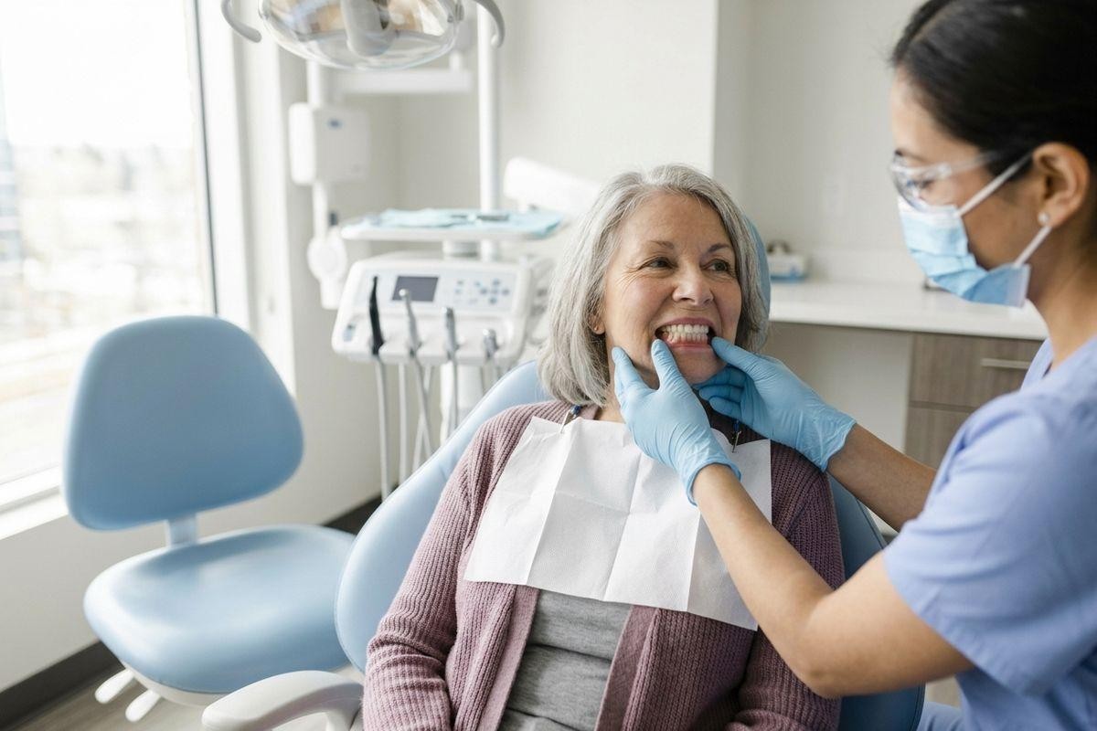 A dentist wearing blue gloves and a mask examines the teeth of a smiling older adult seated in a dental chair.