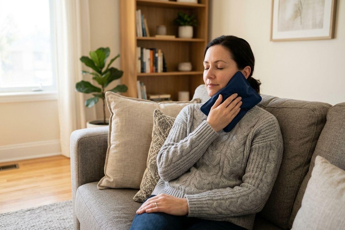 An adult sitting on a living room sofa with their eyes closed, holding a blue pack against the side of their face.