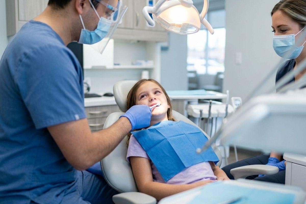 Child reclined in a dental chair receiving an exam from a masked dentist, with a second masked dental staff member assisting nearby.