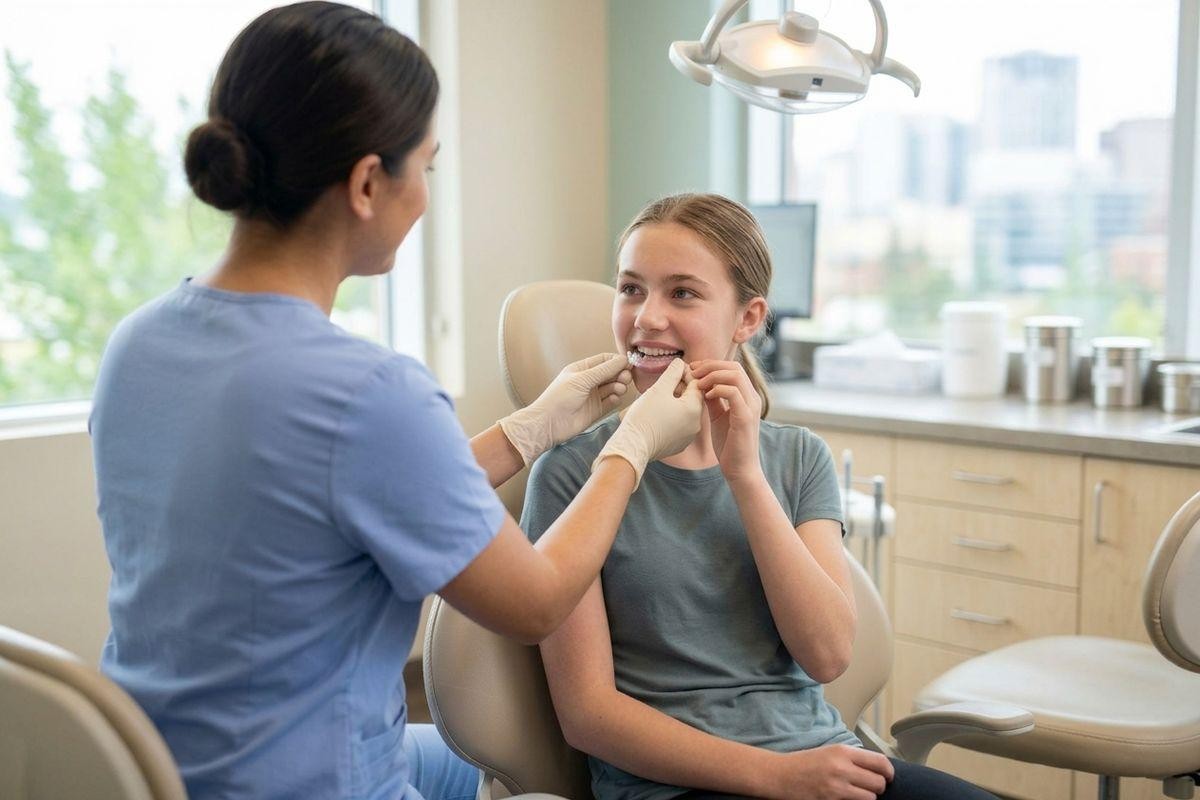 Dentist fitting a clear dental aligner on a smiling child seated in a dental chair during a clinic appointment.