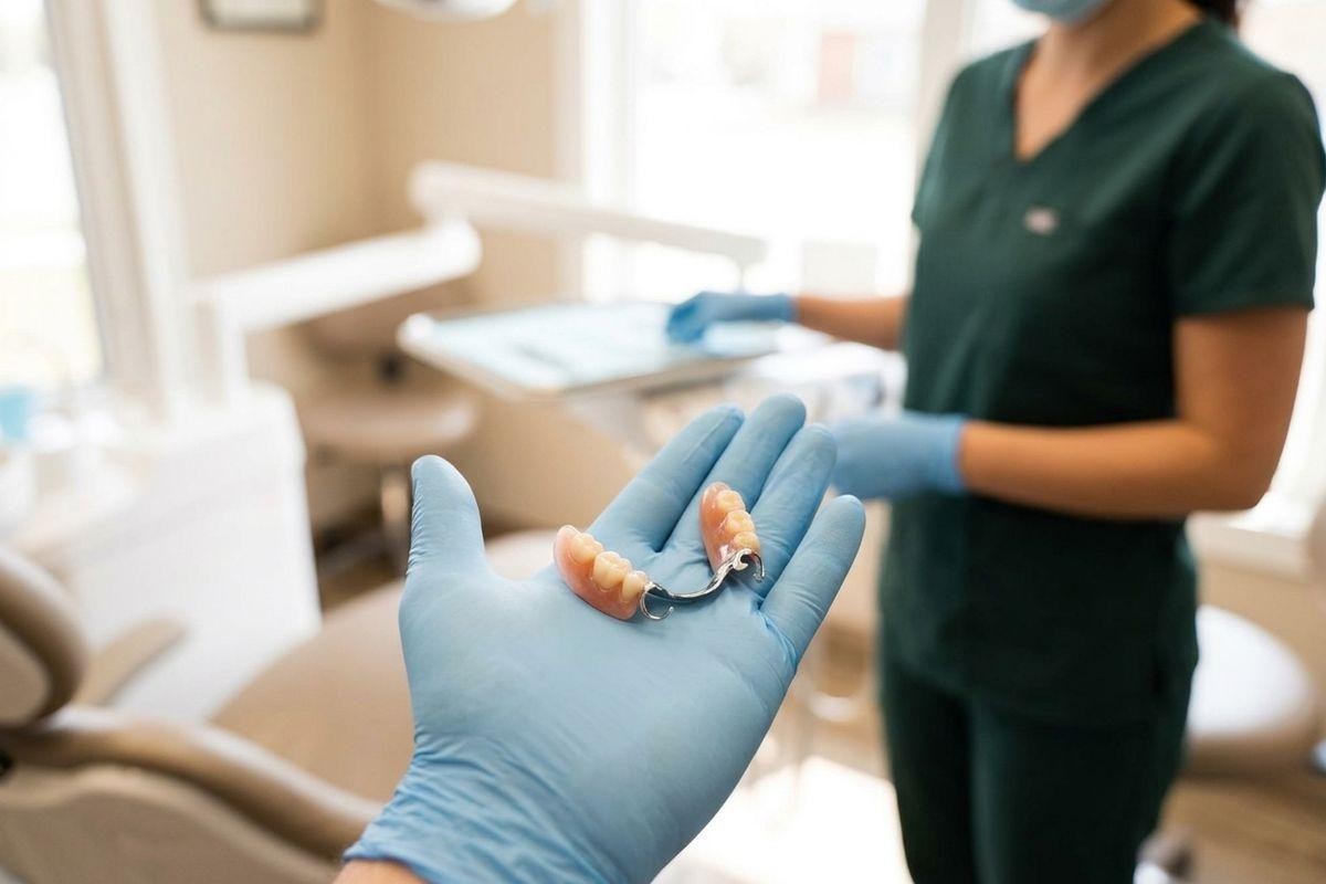 Gloved hand holding a partial denture with a metal clasp in a dental office, with a dental assistant in scrubs and a dental chair blurred behind.